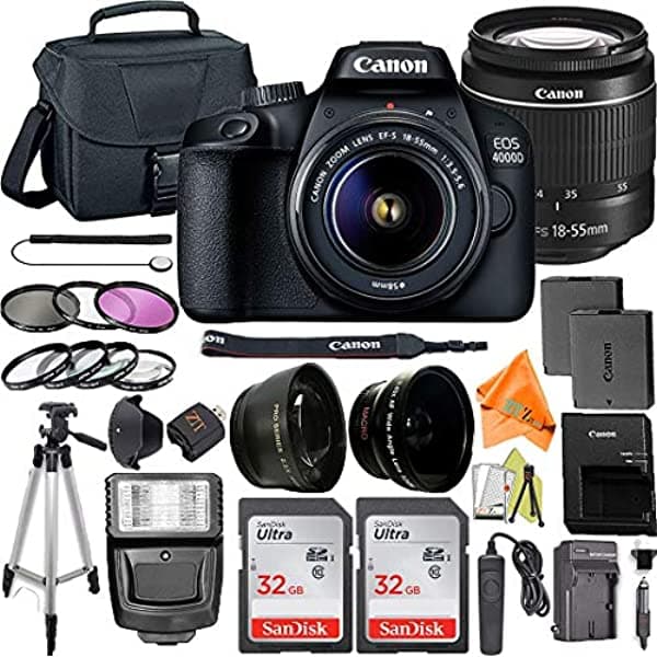 Canon Eos 4000D / Rebel T100 Cámara Dslr 0.709-2.165 In Lente Zoom + Paquete De Accesorios Zeetech Con 2 Unidades De Tarjetas De Memoria Sandisk De 32 Gb Funda Acolchada Trípode Y Teleobjetivo Y Kit De Lentes Gran Angular