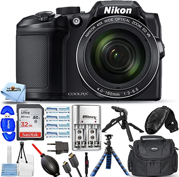 Pixel Hub Nikon Coolpix B500 Cámara Digital Black 26506 Pro Bundle Ultra 32GB SD 4x AA Batteries Trípode 12 Gadgets Fondo Muñeco Strap y Más NIKB500BLK3