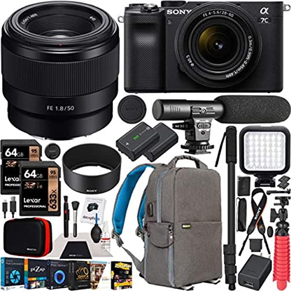 Sony A7C Marco Fulmo De Mirror Camara 2 Lente Kit Cuerpo 28-60 Mm F4-5.6 + 50 Mm F1.8 Sel50F18 Black Ilce7Cl B Bundle Deco Gear Fotografia Case Softwa