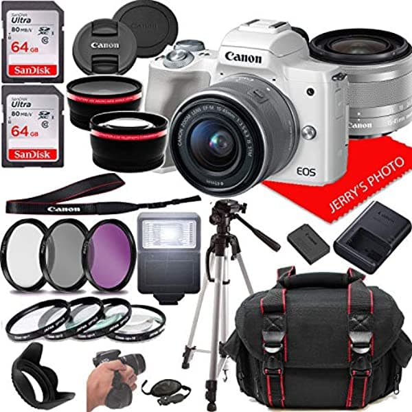 Canon Eos M50 Kit Camara White Camara Sin Espejo Ef-M15-45 Mm Y 4K Video + Case + Memoria De 128Gb 25Pc Bundle
