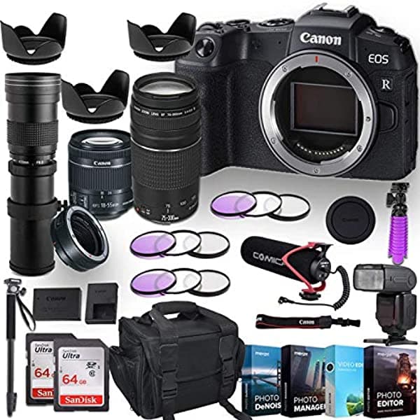 Canon Eos Rp Camara Digital Mirrorless 3 Lentes + Paquete De Adaptador Commlite Ef-S 18-55 Mm F 4-5.6 Es Stm Lente Ef 75-300Mm F 4-5.6 Iii 420-800 Mm