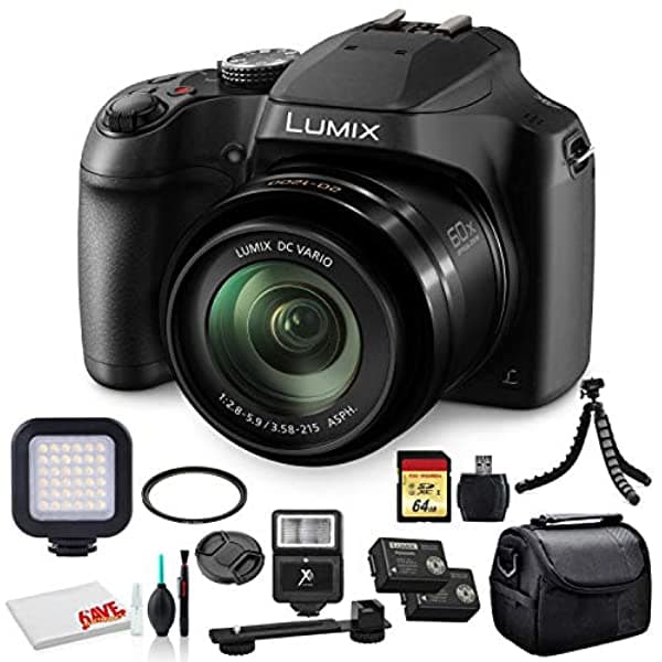 Panasonic Lumix Dc-Fz80 Cámara Digital (Dc-Fz80K) - Paquete Con Tarjeta De Memoria De 64 Gb + Luz De Video Led + Batería Dmw-Bmb9 + Flash Digital + Bolsa Suave + Trípode Flexible De 12 Pulgadas + Juego De Limpieza + Más