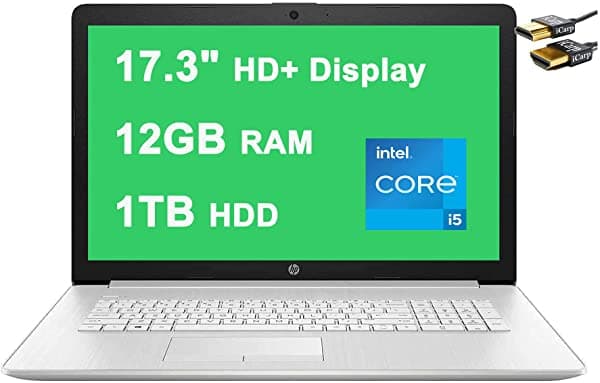 HP Notebook 17 de 17.3 Pulgadas HD+ Pantalla 11va Generación Intel 4-Core i5-1135G7 (supera al i7-1065G7) 12GB RAM 1TB HDD Intel Iris Xe Teclado Retroiluminado DVD-RW Win10 Silver + Cable HDMI HP Laptop 17 I5-1135G7