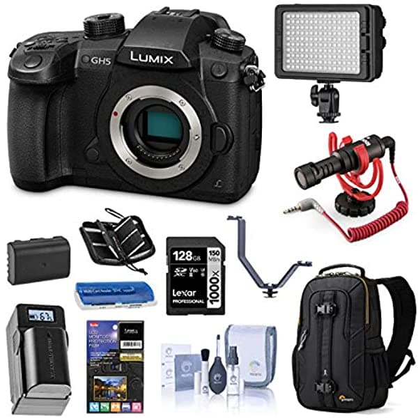 Panasonic Lumix Gh5 4K Camara Digital Sin Espejo 20.3 Megapixel Dc-Gh5 Paquete Esencial De Cuerpo Led Luz Montó Videos Mic Mochpack Bateria Cargador 1