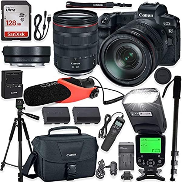 Canon Cámara Digital EOS R Sin Espejo Con Lente RF 24-105mm f/4L IS USM y Adaptador de Montaje EF-EOS R Kit + Flash TTL Speedlight + Micrófono + Trípode de 60 Pulgadas + Memoria de 128 GB con Kit de Accesorios EOS R + 24-105mm