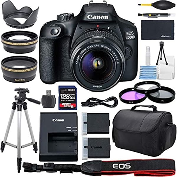 AOM Canon Eos 4000D Dslr Camara 18-55 Mm F 3.5-5.6 Zoom Lente 128Gb Memorycase Trípode Y More Pro Bundle Kit 28 Pcs