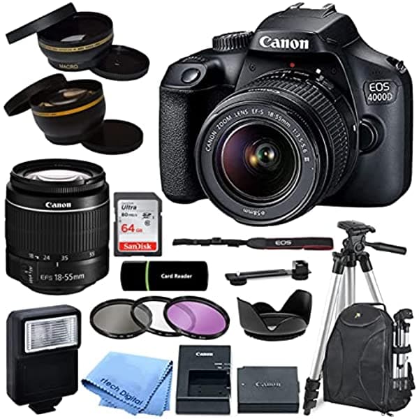 Canon Eos 4000D Rebel T100 Dslr Camara Ef-S 18-55 Mm Zoom Lente + Card De Memoria De 64 Gb + Trípode + Case + Wideeangle Lentes + Rtech Digital Taptle cn4000d bundle