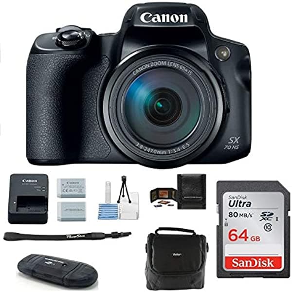 Canon PowerShot SX70 HS Cámara Digital Bundle Incluye: Tarjeta de Memoria SDXC 64GB Clase 10 + Batería de Repuesto + Funda para Cámara + Más