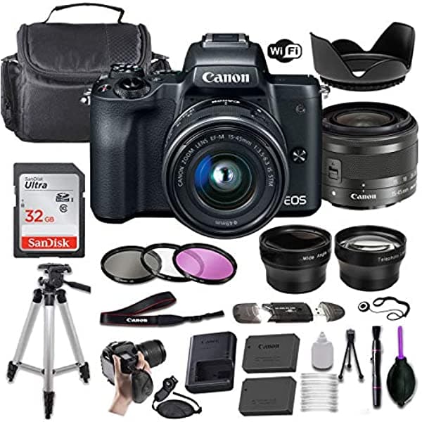 Canon Eos M50 Camara Digital Mirrorless Black Ef-M 15-45 Mm F 3.5-6.3 Is Stm + Bughto Yeptoto Y Bughoto Y Tripodo Portable + Tarjeta De Memoria + Delu