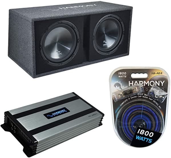Harmony Audio Bundle HA-RD12 Car Rhythm Loaded Dual 12" Vented 1200W Caja para Subwoofer Con Amplificador HA-A800.1 y Kit de Amplificador HA-SUBPACK206