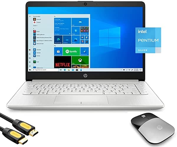 Hp Portátil De 14" Hd Micro-Edge Slim Platinum Intel Quad-Core Pentium Silver N5030 Hasta 310 Ghz 8 Gb Ram 256 Gb Ssd Usb-C Cámara Web Hdmi Ethernet Ratón Inalámbrico Cable Mytrix_Hdmi Win 10 HP 14-cf