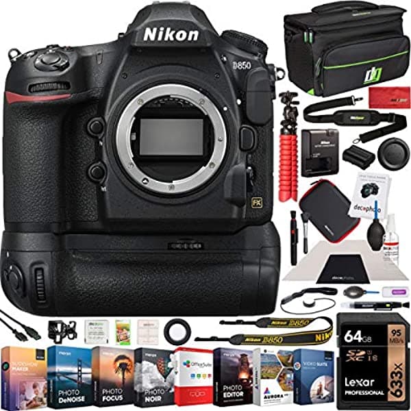 Nikon D850 Fx Fx Full Frame Digital Slr Dslr Wifi 4K Camara Body + Bateria Grip Power Bundle Deco Gear Fotografia Case Fondo + 64Gb Tarjeta + Trípode E24NKD850K