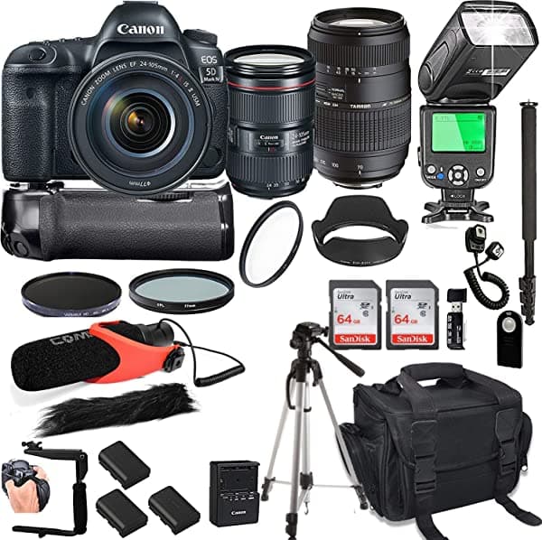 Canon EOS 5D Mark IV con 0.945-4.134 in f/4 L IS II USM + Tamron 2.756-11.811 in + 128 GB de Memoria + Bolso para Camara Canon + Pack de Baterias Pro + Power Grip + Microfono + TTL Speedlight + Filtros Pro (24 Unidades)