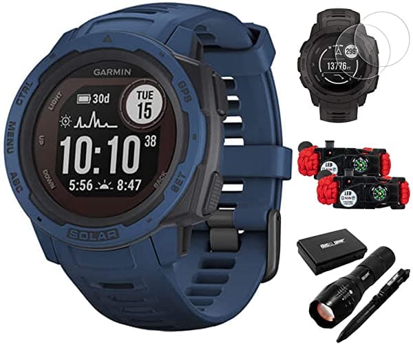 Garmin 010-02293-11 Instinct Solar Rugged Outdoor Watch Gps Tidal Blue Bundle Pantalla Protector 2-Paquete De 2 Paquetes De Emergencia Sos Led Luz Cuc E2GRINSTINCTSOTB