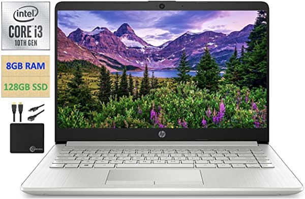 Notebook HP 2021 Pantalla HD de 15.6" Intel i3-10110U Hasta 4.1 GHz (Supera al i5-7200U) 8 GB DDR4 RAM 128 GB SSD Camara Web HD HDMI Bluetooth WiFi Win10 S Bateria de 10 Horas Con Cables Marxsol Premium HP 15.6 Laptop