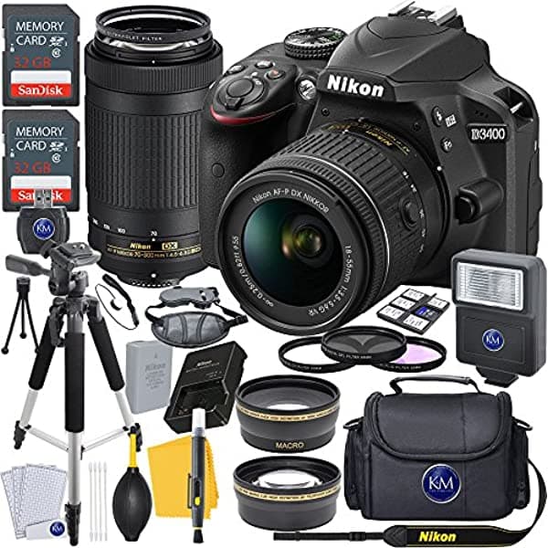 K&M Nikon D3400 Dslr Camara Black 18-55 Mm Y 70-300 Mm Lente + 2 X 32Gb Tarjeta + Paquete De Fotos De Lujo 1573