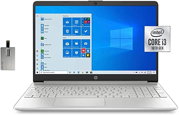2020 HP 15.6" HD Micro-Edge Notebook 10ma Generacion Intel Core i3-1005G1 8GB RAM 256GB PCIe SSD Intel UHD Graphics Parlantes Camara Web HD USB-C Bluetooth Win 10S Plata Tarjeta USB Snowbell de 32 GB