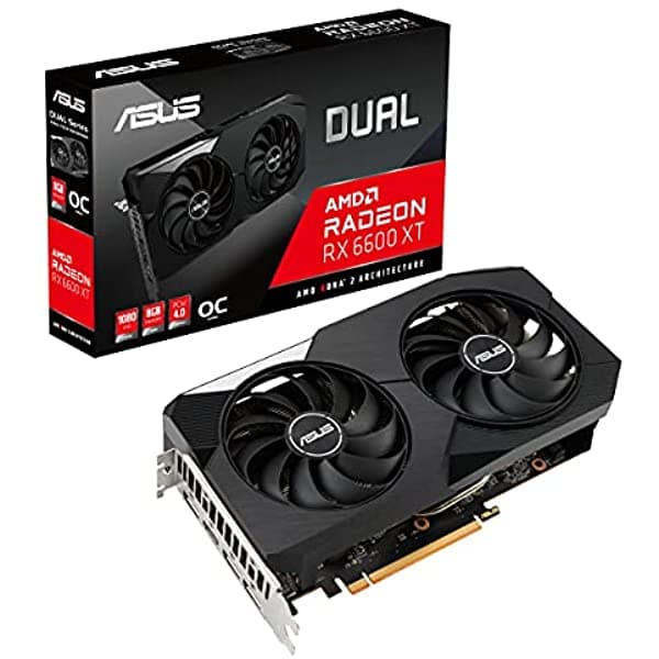 ASUS Dual AMD Radeon RX 6600 XT OC Edition 8 GB GDDR6 Placa de Video Gaming AMD RDNA 2 PCIe 4.0 Memoria 8 GB GDDR6 HDMI 2.1 DisplayPort con Ventiladores DUAL-RX6600XT-O8G