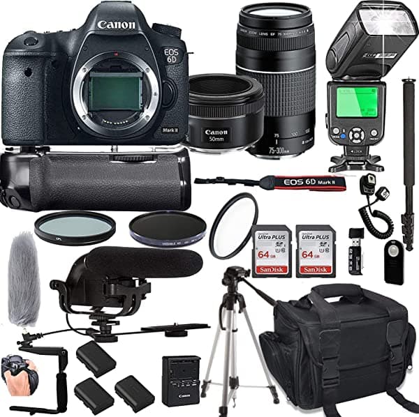 Canon Eos 6D Mark Ii Con Lente Stm Prime De 1.969 In F/1.8 + Lente Iii De 2.953-11.811 In + Memoria De 128 Gb + Paquete De Batería Pro + Agarre De Potencia + Luz De Velocidad Ttl + Filtros Pro (Paquete De 24 Piezas)