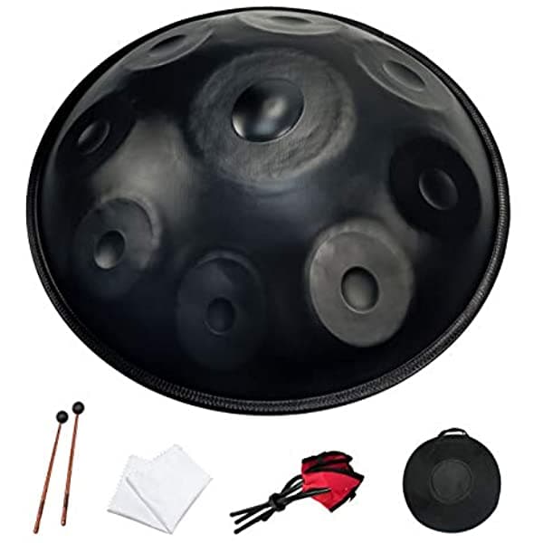 YueLing Handpan Tambor de Acero en Re Menor 9 Notas Suaves, Estuche, Mazas y Bolso, Sin Polvo, Negro