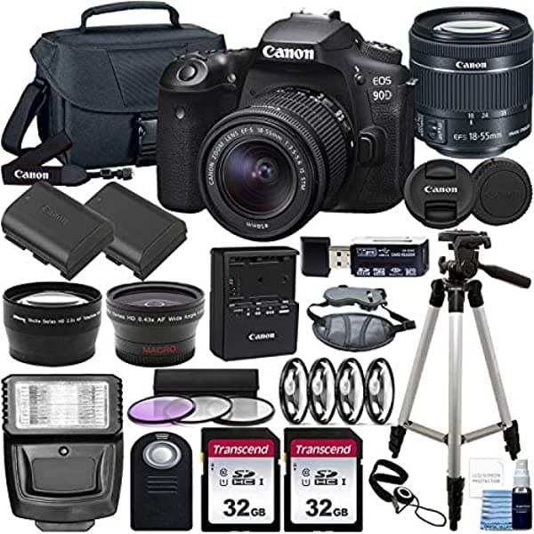 Digital Village Canon EOS 90D Cámara DSLR y Canon EF-S 18-55 mm f/3.5-5.6 IS STM Lente y Paquete de Accesorios de Lujo - Incluye 2X 32GB SDHC Tarjeta de Memoria