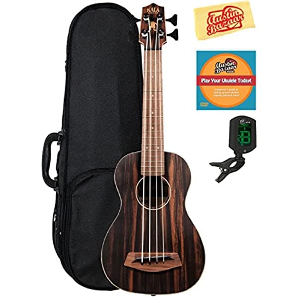 Kala U-Bass-FSRW Ebony Rayado de Ébano Bajo Ukelele Acústico Con Estuche Rígido, Afinador, DVD Instructivo de Austin Bazaar y Tela UBASS-EBY-FSRW-COMBO-DLX