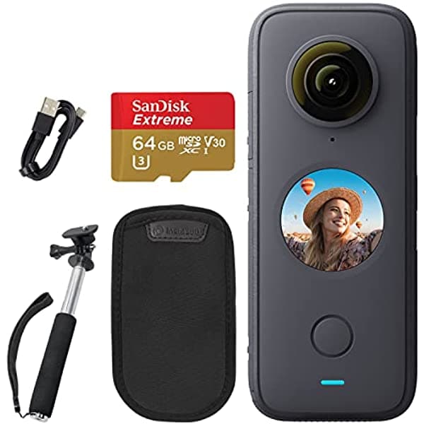 Insta360 Una Cámara De Bolsillo De Acción Impermeable X2 + Sandisk 64Gb Tarjeta De Memoria Extrema + Monópodo De Mano (Se Extiende A 43 ") - Gran Paqu CINPSXX/A