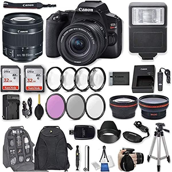 Canon EOS Rebel SL3 Cámara DSLR Con EF-S 18-55 mm f/4-5.6 IS STM Lente + 2Pcs 32GB SanDisk SD Memoria + Flash Digital + Kits de Filtro y Macro + Mochila