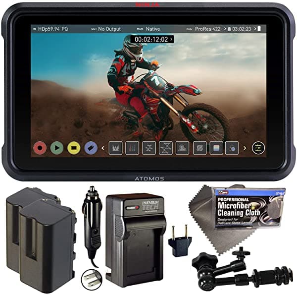 Atomos Ninja V 5 "Monitor De Grabación De Pantalla Táctil De 10 Bits Hdr Con 2X Baterías Np-F750 Cargador 7" Brazo Mágico + Paquete De Tela De Limpi ATOMNJAV01
