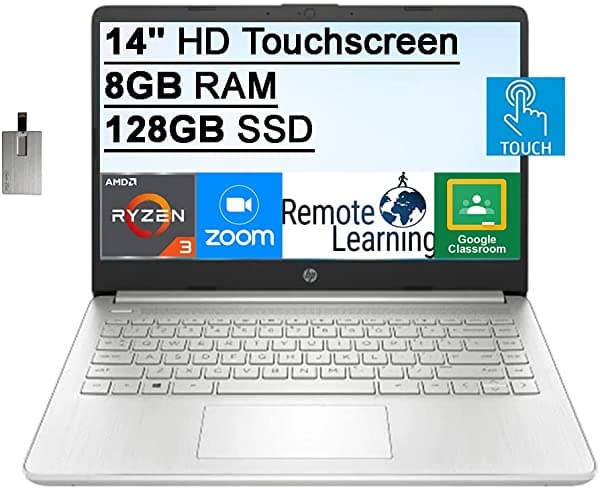 Computadora Portátil Hp Con Pantalla Táctil Hd De 14 Pulgadas 2022 Procesador Amd Ryzen 3-3250U 8 Gb De Ram Ssd De 128 Gb Audio Hd Cámara Web Hd 720P Gráficos Amd Radeon Bluetooth Hdmi Windows 11 Plata Tarjeta Usb Snowbell De 32 Gb