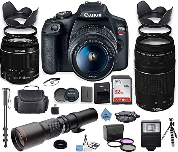 Ultimate Deals Canon Eos Rebel 2000D Camara Dslr Con 18-55 Mm Es Ii Lente Paquete + Canon Ef 75-300 Mm F/4-5.6 Iii Lente Y Lente Preestablecida De 500 Mm + Memoria D 200dw500mm kit