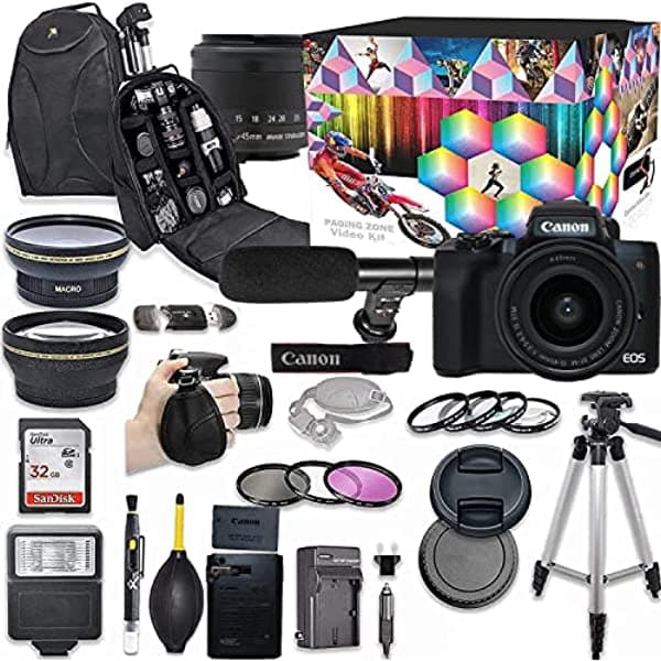 Canon Intl. Eos M50 Mark Ii Cámara Digital Sin Espejo Con Kit De Lente De 15-45 Mm (Negro) + Lente De Gran Angular + Teleobjetivo 2X + Flash + Sandisk 32Gb Sd Mem