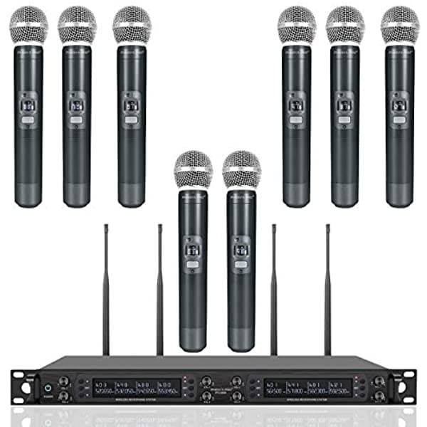 Phenyx Pro Sistema De Micrófono Inalámbrico Micrófono Inalámbrico De Ocho Canales Con 8 Micrófonos Dinámicos De Mano Escaneo Automático Canales Uhf Ajustables De 8 X 40 328 Pies Micrófono Para Cantar Iglesia Karaoke (Ptu-6000A)