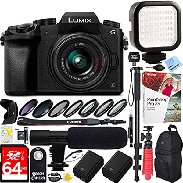 Panasonic Lumix G7 Lente Intercambiable 4K Ultra Hd Black Dslm Con Paquete De Lentes De 14-42 Mm Con Tarjeta De Memoria De 64 Gb Micrófono Luz E33PNDMCG7KK