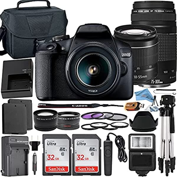 Canon Eos 2000D / Rebel T7 Digital Slr Camara 24.1Mp Con Lentes De 18-55 Mm + 75-300 Mm Zeetech Accesorios 2 Paquete De 32 Gb De Tarjeta De Memoria