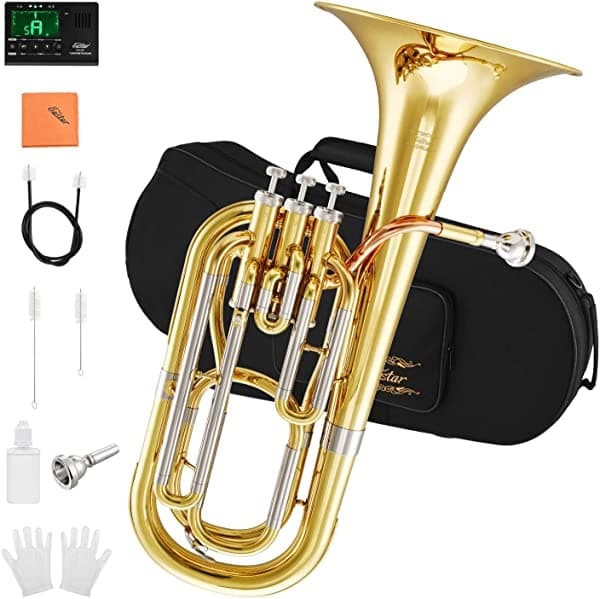Eastar Marching Bb Baritone Horn Intermediate Gold Lacquer B Flat Con Caja De Barítono De La Caja De Barítono De Sintonizador Guantes De La Boquilla D