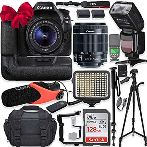 Canon Cámaras Dslr 80D Con Kit De Lentes Stm De 18-55 Mm + Accesorios De Fotos Y Videos De Pro Incluyendo 128 Gb De Memoria Flash Ttl De Luz