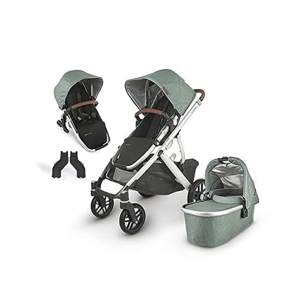 Uppababy Vista V2 - Cochecito Emmett (Mezcla Verde/Plata/Cuero De Sillín) + Adaptadores Superiores + Rumbleseat V2- Emmett (Mezcla Verde/Plata/Cuero De Sillín) 0320-VIS-US-EMT/0214/0920-RBS-US-EMT