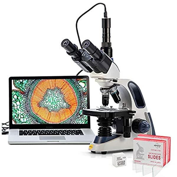 Swift Microscopio Trinocular Compuesto SW380T Aumento de 40X-2500X Cabeza Siedentopf Platina Mecánica de Dos Capas con Cámara de 5.0 MP y Software Compatible con Windows/Mac y 100 Unidades de Portaobjetos en Blanco SW380T-EP5R-BSC