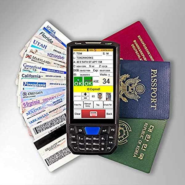 TokenWorks Idvisor Smart Escáner De Id V2 - Licencia De Conducir Y Verificación De Edad De Pasaporte Y Gestión Del Cliente + Cuna De Cargadores Correa De Mano Y