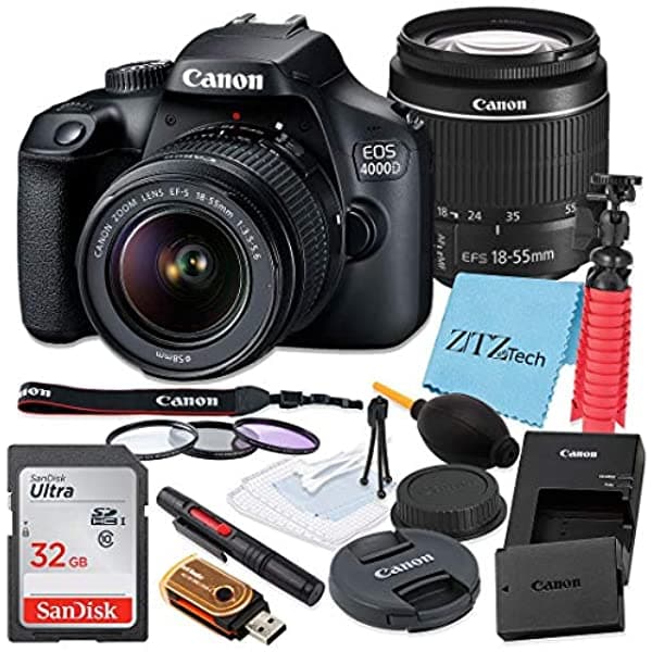 ZeeTech Canon Eos 4000D / Rebel T100 Dslr Camara 18-55 Mm F / 3.5-5.6 Lente De Zoom Tarjeta De Memoria Sandisk 32Gb Trípode 3 Piezas Filtro (Uv Cpl Fld)