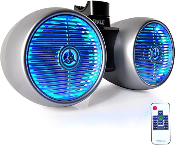 Pyle Altavoces De La Torre Marina De Wakeboard - Juego De Altavoces De Dos Subwoofer De 8 Pulgadas De Agua Y Tweeters De 1.0 " Luces Led Y Energía De PLMRWB852LES