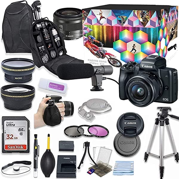 Canon Eos M50 Cámara Digital Sin Espejo Con Un Kit De Video De Lente De 15-45 Mm (Negro) + Lente Gran Angular + 2X Lente De Teleobjetivo + Sandisk 32G