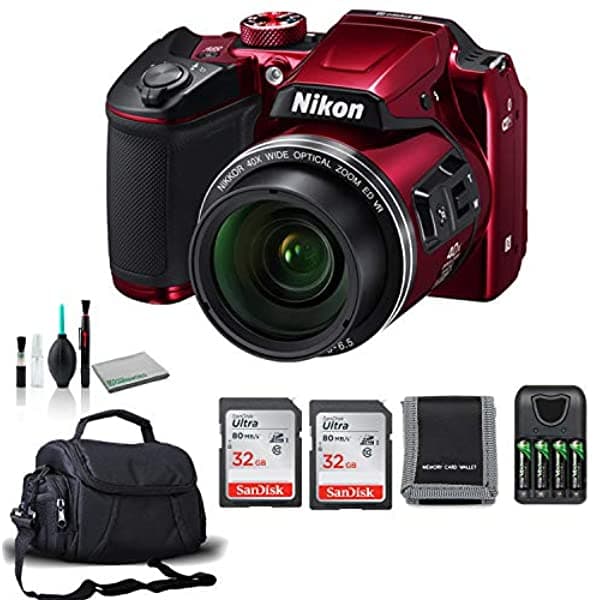 Nikon Coolpix B500 Digital Point & Shoot Camara (Rojo) 26508 Bundle Con Baterías Aa 4X + 2X Tarjetas De Memoria De Sandisk + Más 26508-2