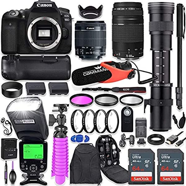 Canon Eos 90D Kit De Cámara Dslr Con Canon 18-55 Mm Y Canon 75-300 Mm Lentes + 420-800 Mm Lente De Zoom De Teleobjetivo + Empuñadura De Batería + Flas