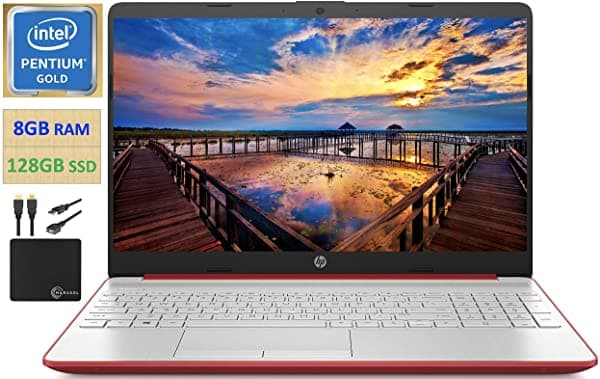 Notebook HP Premium 2021 Pantalla HD de 15.6" Intel Pentium Dual-Core Gold 6405U 2.4 GHz 8 GB DDR4 RAM 128 GB SSD Cámara Web HD HDMI Bluetooth WiFi Win10 S Batería de 10 Horas con Cables Marxsol Premium HP 15.6 Laptop