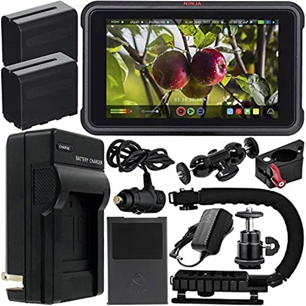 Atomos Ninja V 5" 4K Hdmi Monitor De Grabación Con Paquete De Alimentación Y Kit De Accesorios - Incluye 2 Baterías Np-F975 De Larga Duración Con Cargador Estabilizador De Agarre De Acción Soporte Giratorio Para Monitor Y Mucho Más. ATOMNJAV01AB1