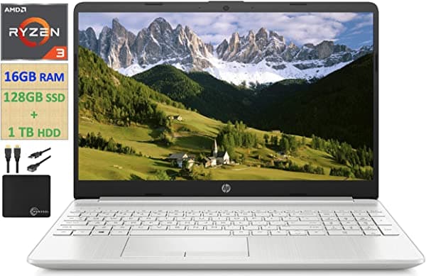 HP Flagship 2021 15.6" HD notebook AMD Ryzen 3 3250U hasta 3.5GHz (supera al Intel i5-7200U) 16GB RAM 128GB SSD+1TB HDD HD webcam trabajo remoto WiFi Bluetooth 4.2 HDMI Win10 S con Marxsol cables HP Flagship 15.6" laptop