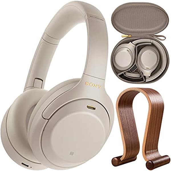 Sony WH1000XM4/S premium cancelación de ruido inalámbrico over-ear paquete de auriculares con Deco Gear madera soporte de visualización para auriculares y funda protectora de viaje E3SNWH1000XM4S