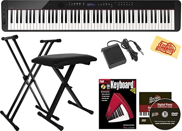 Casio Privia PX-S3000 - piano digital de 88 teclas paquete negro con soporte ajustable banqueta pedal de sustain libro de instrucciones DVD instructivo y paño de pulido AUS-PXS3000BK-COMBO-STD